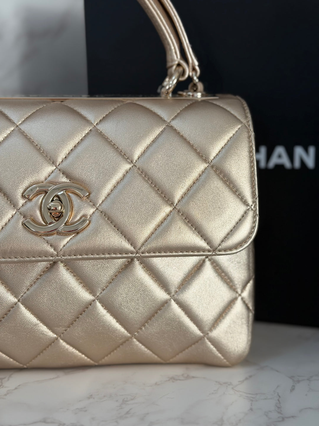 CHANEL series 30 Metallic Gold Lambskin LGHW Trendy CC top Handle Bag with non detachable Strap size SMALL 2020