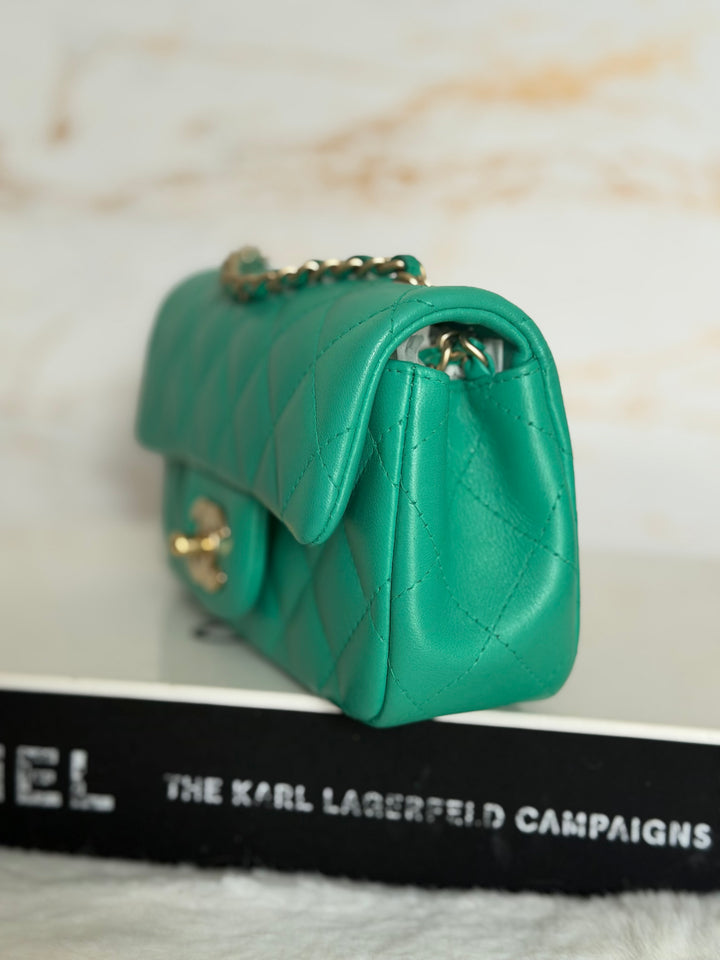 CHANEL series 21 Green Lambskin Brushed GHW Extra Mini Flap Bag 7.5 inches (discontinued line)