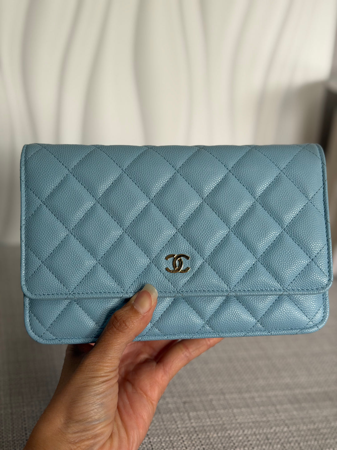 CHANEL 22S Collection 2022 Baby Blue/ Light Blue Caviar LGHW Classic Wallet on chain (WOC)
