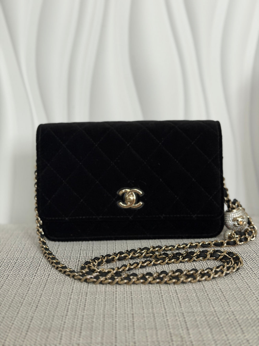 CHANEL 2025 Black Velvet Crystal Pearl Crush Adjustable Strap Wallet on Chain (WOC)