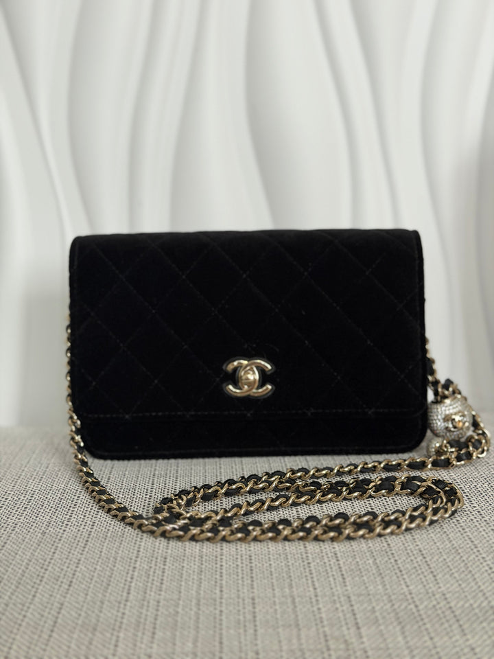 CHANEL 2025 Black Velvet Crystal Pearl Crush Adjustable Strap Wallet on Chain (WOC)