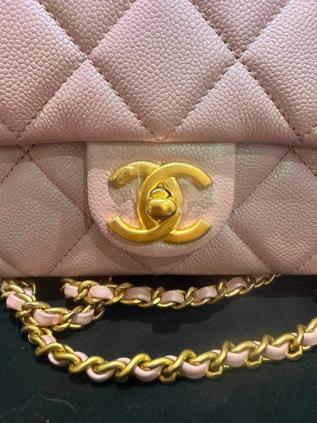 CHANEL 21K iridescent pink caviar aged GHW Adjustable chain My Perfect Mini Flap Bag 2021