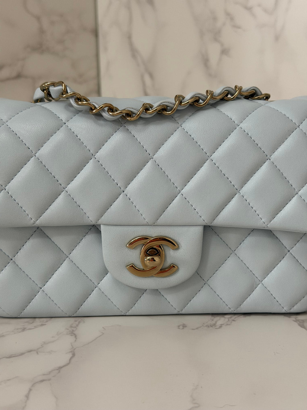 CHANEL 25S collection 2025 Light Baby Blue Lambskin LGHW Mini Rectangular Flap Bag