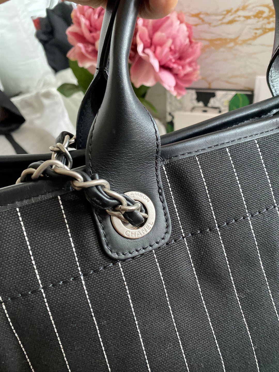 Chanel 23P 2023 collection in Black/White Stripe Canvas Deauville Tote with Top Handle and detachable pouch size Medium (15 inches)