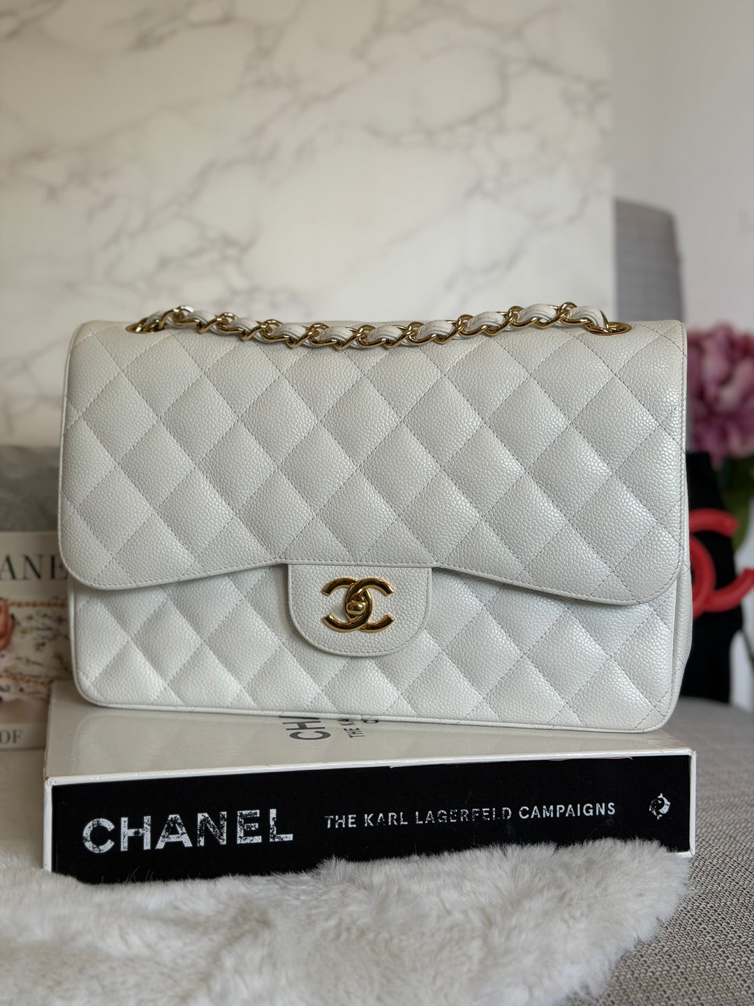 CHANEL White Caviar GHW Jumbo Double Flap Classic Bag 2010