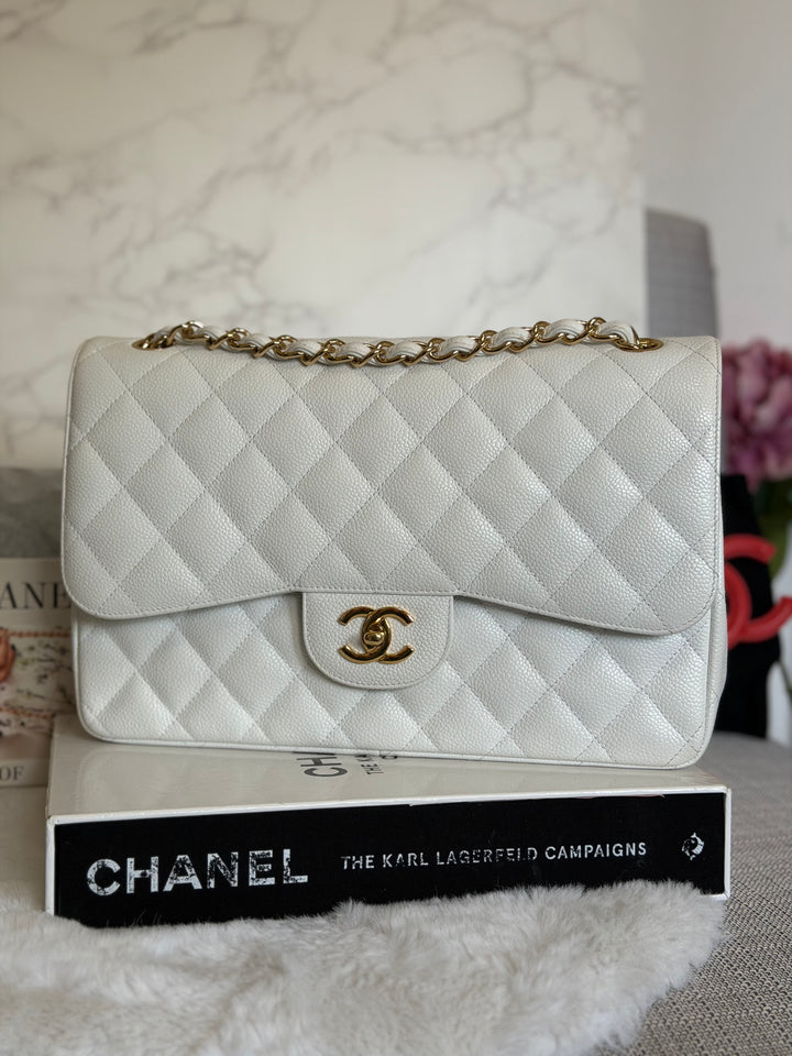 CHANEL White Caviar GHW Jumbo Double Flap Classic Bag 2010