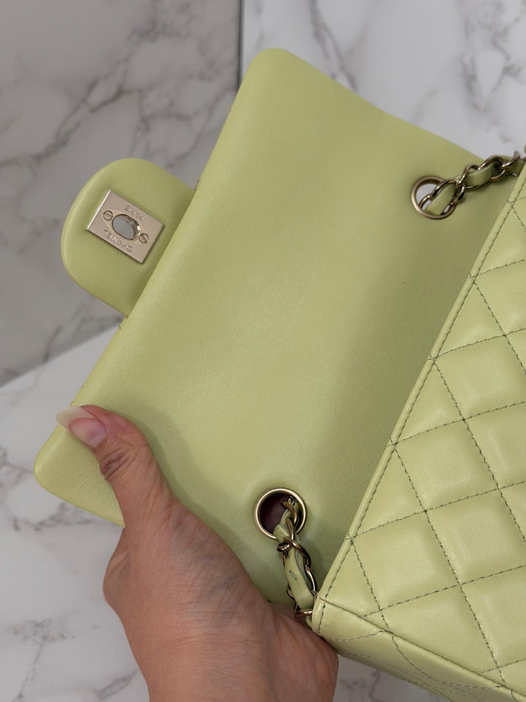 CHANEL 23C Collection 2022/2023 Cruise Pistachio Green Lambskin Mini Rectangular Flap Bag with Champagne GHW