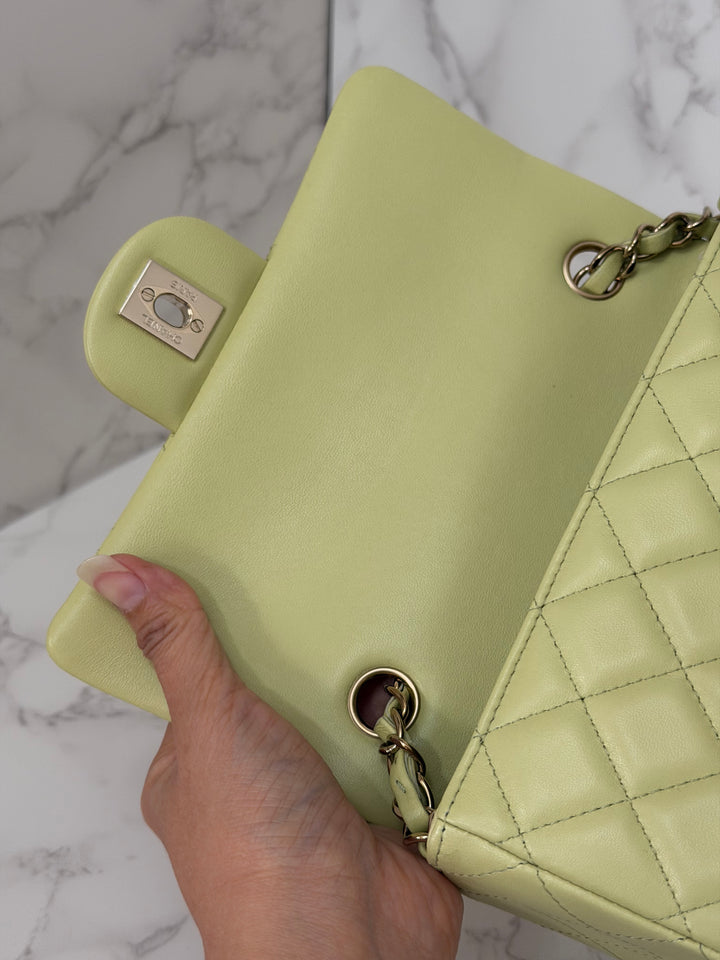 CHANEL 23C Collection 2022/2023 Cruise Pistachio Green Lambskin Mini Rectangular Flap Bag with Champagne GHW