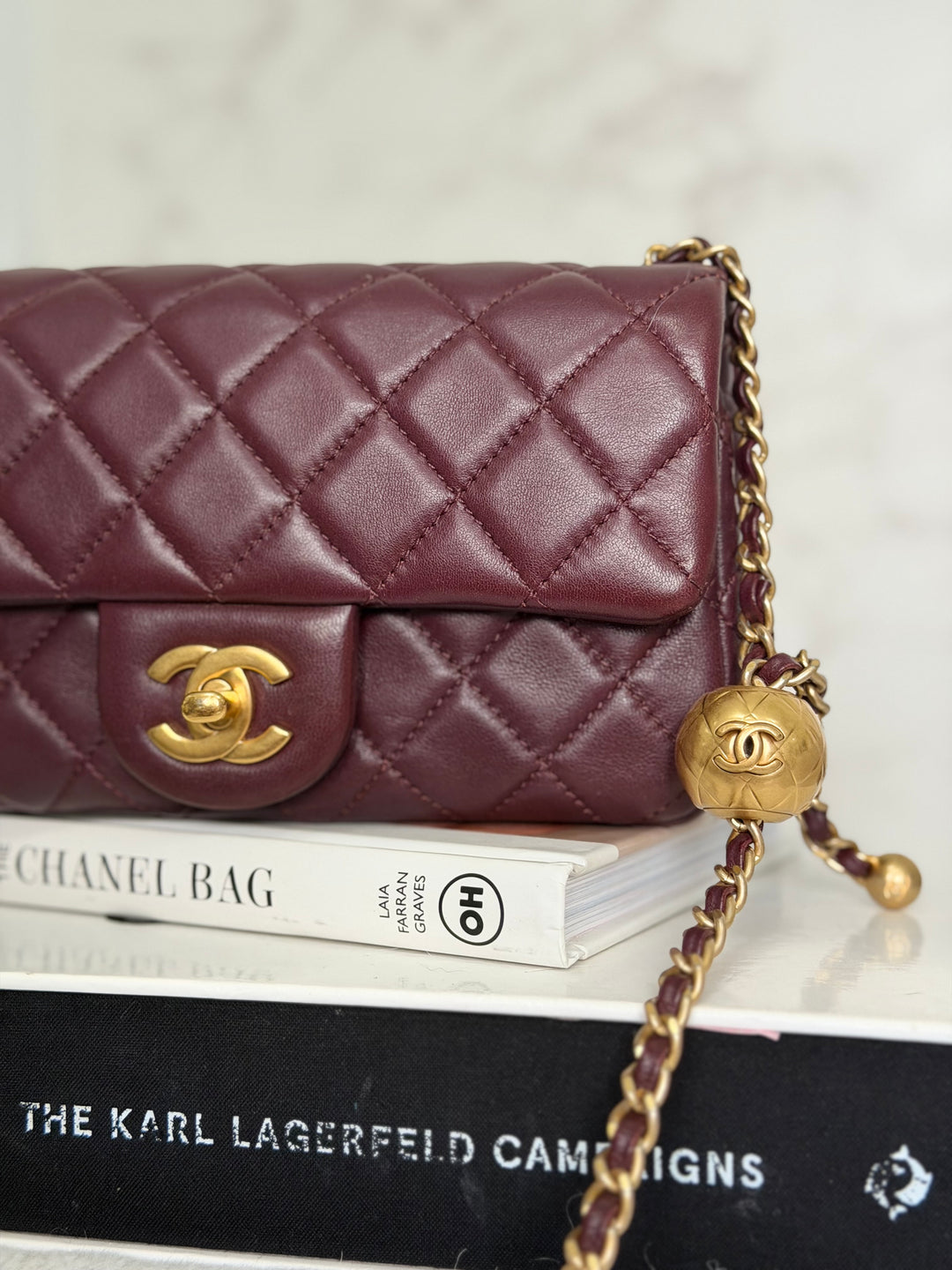 CHANEL 21B Burgundy Lambskin Aged GHW Pearl Crush Adjustable Chain Mini rectangular flap Bag 2021