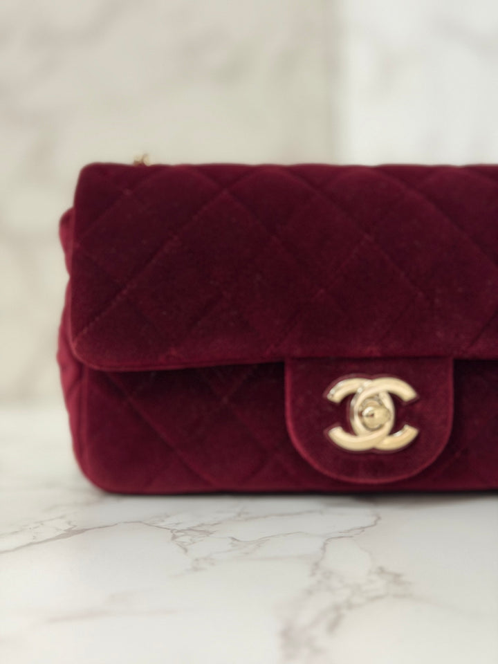 CHANEL series 31 Dark Red/Burgundy Velvet Adjustable Crystal Pearl Crush Mini Rectangular Flap Bag LGHW 2020/2021