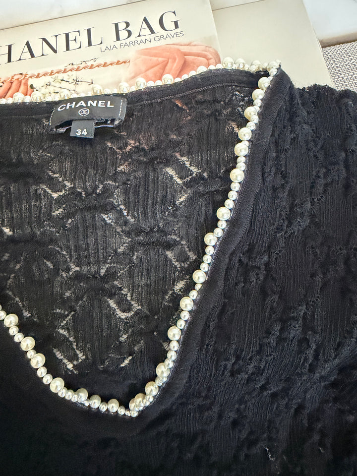 CHANEL 22B Pearl Round the Neck Black Lace Top 2022 size EU 34