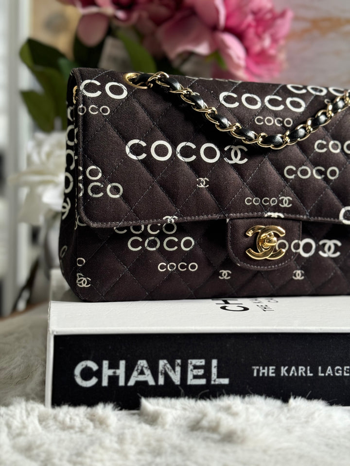 Chanel series 7 2002/2003 Black Canvas Quilted COCO Medium Classic Flap Light Gold Hardware