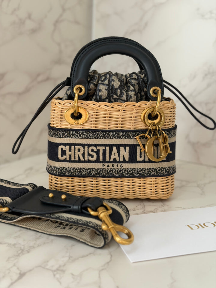 DIOR Lady Dior Wicker Bag Oblique Canvas in Black and Cream size Mini