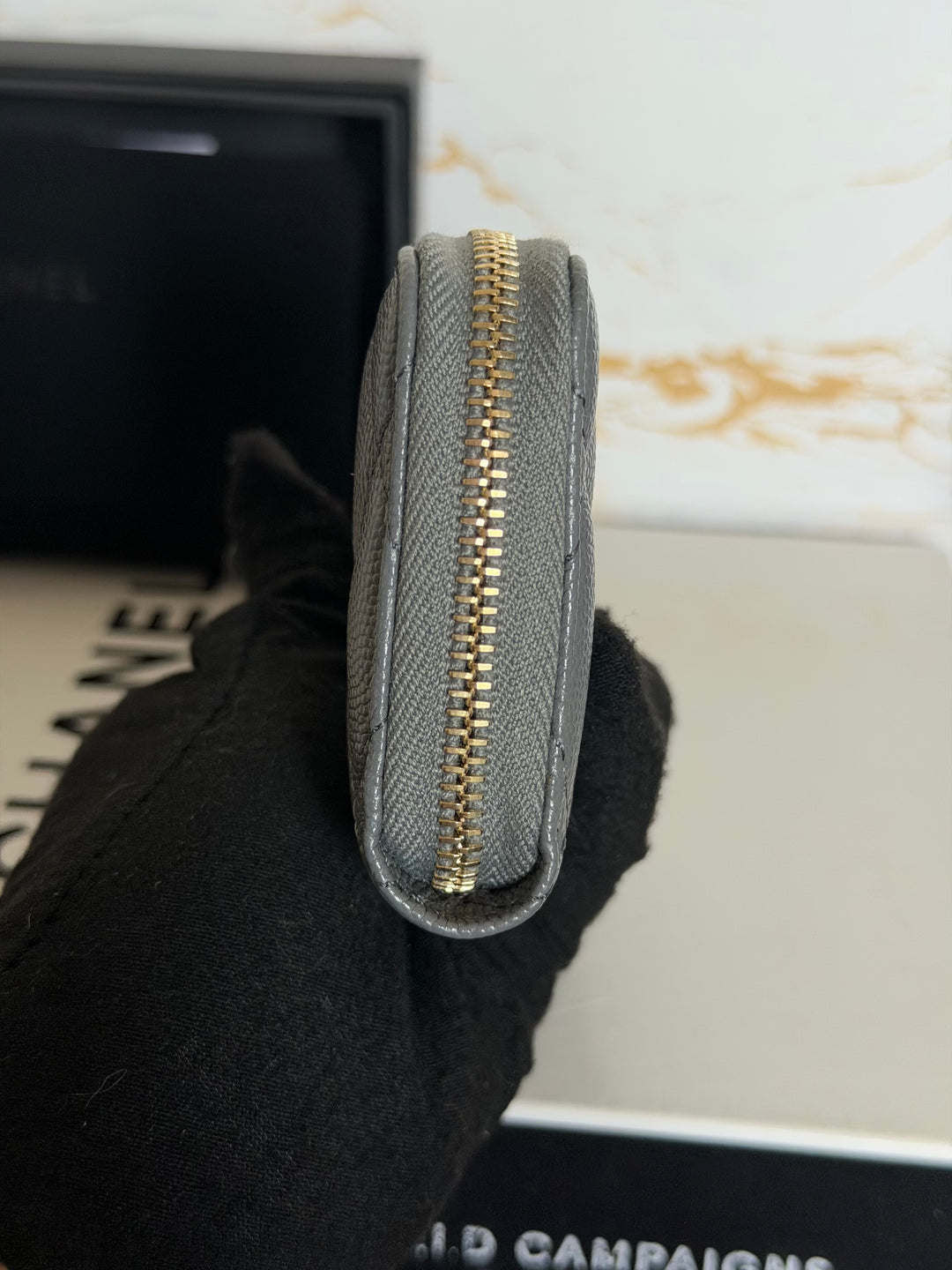 CHANEL 21K 2021 Grey Caviar Big Logo Zippy Coin Purse LGHW