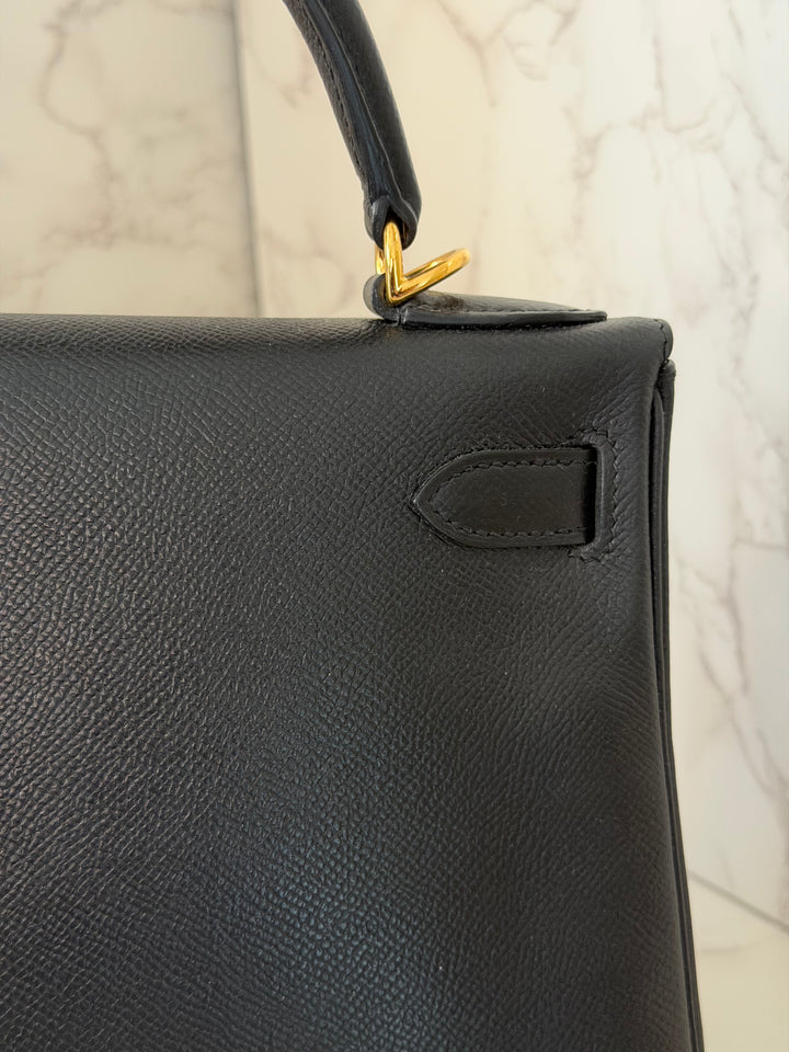 Hermes Noir/Black Epsom Leather GHW Kelly 28 stamp N 2010