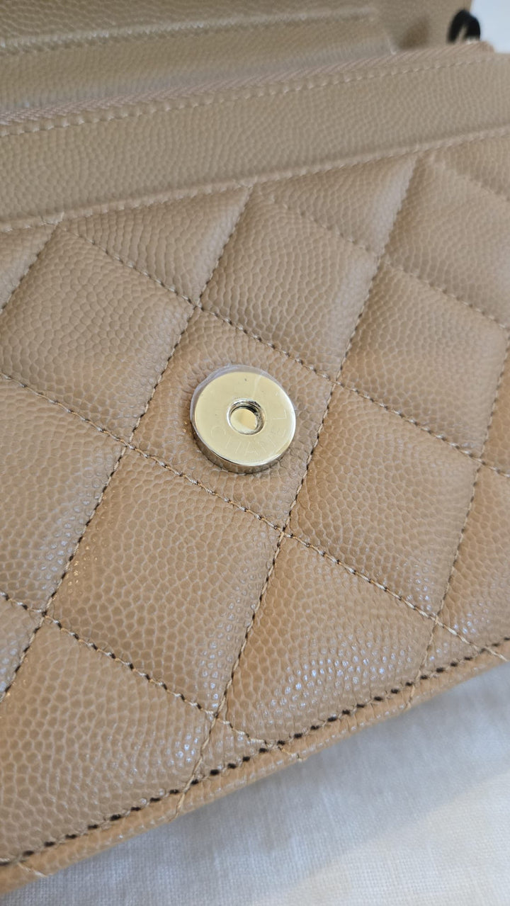 CHANEL 23P Caramel Dark Beige Caviar LGHW Classic Wallet On Chain (WOC)