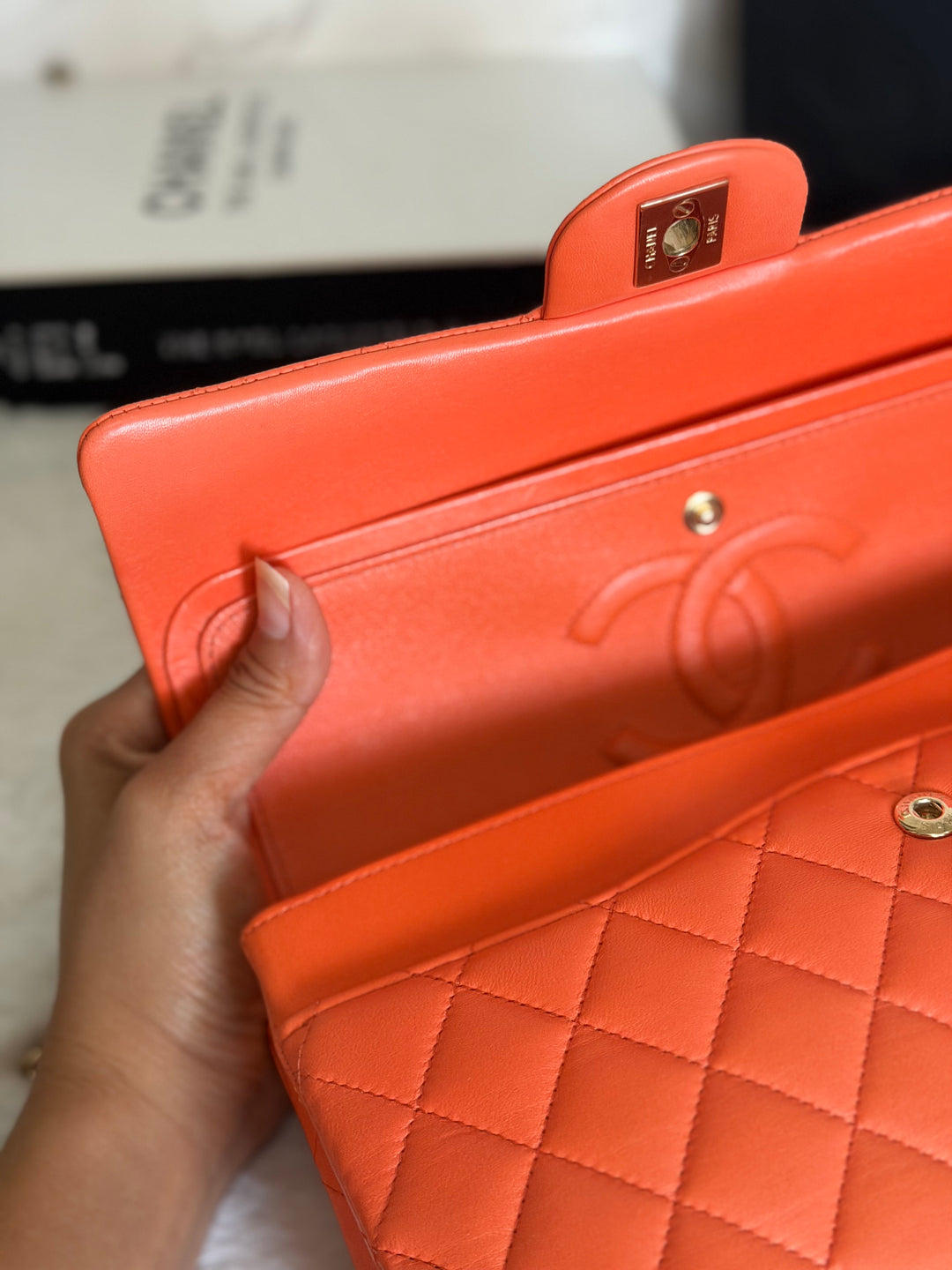 CHANEL 20S Orange Lambskin LGHW Medium ML Timeless Classic Double Flap Bag