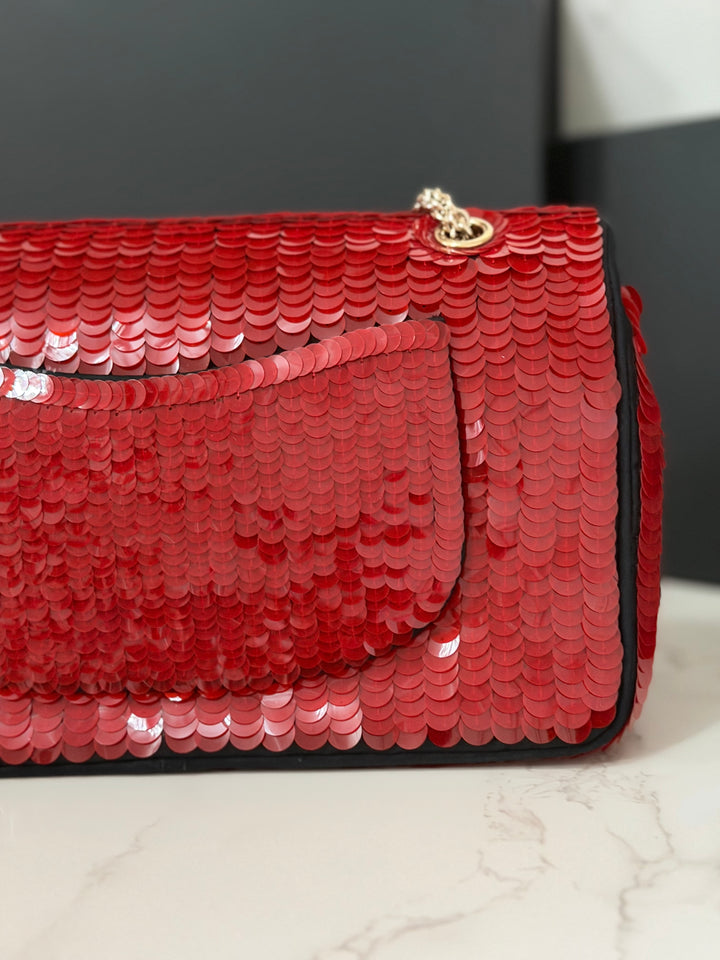 CHANEL series 13 2010 Red Sequin and Black Satin Paris-Shanghai Medium Flap Bag Gold Hardware