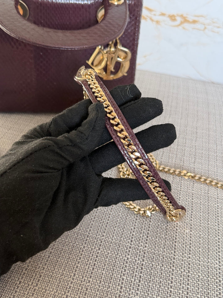 Dior Lady Dior MINI Burgundy Dark Red Python Leather 2018 LGHW