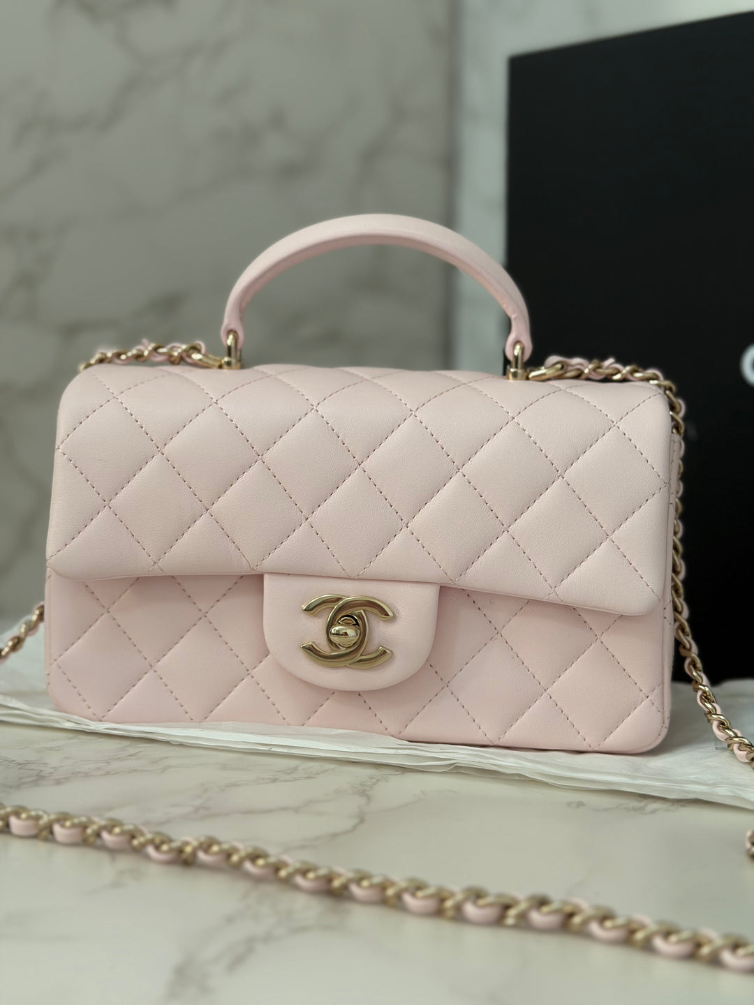 CHANEL 22P 2022 Sakura Light Pink Lambskin LGHW Mini Rectangular Flap Bag with Top Handle
