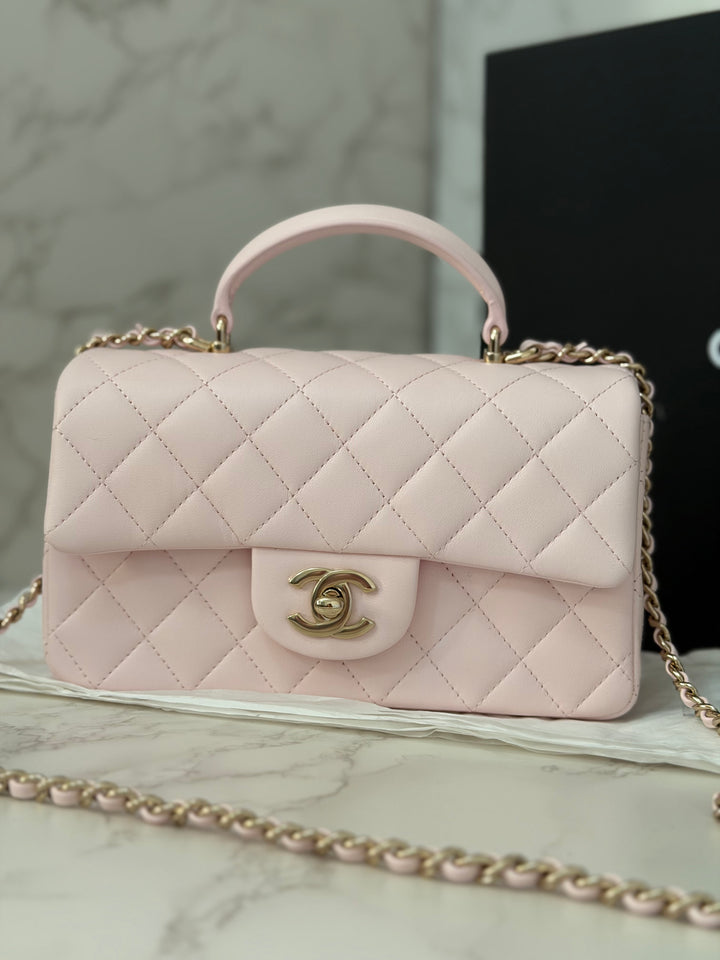 CHANEL 22P 2022 Sakura Light Pink Lambskin LGHW Mini Rectangular Flap Bag with Top Handle