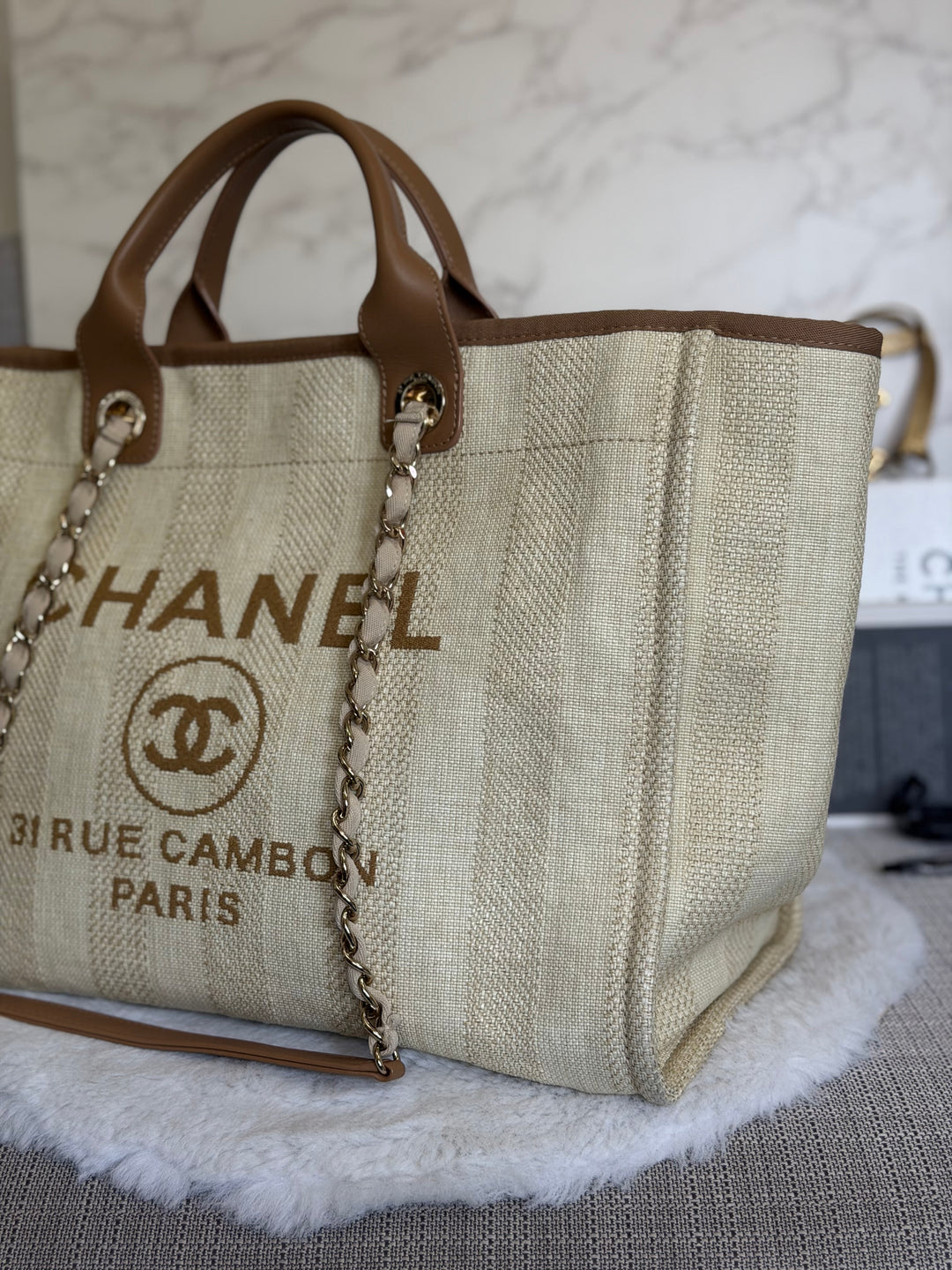 CHANEL series 29 Beige and Brown Stripe Medium 15 inches Deauville Tote Bag 2020