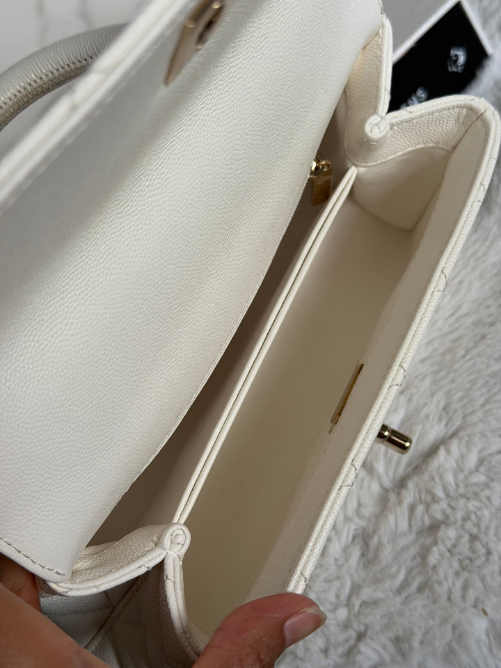 CHANEL White Caviar LGHW Coco Handle Flap Bag Size SMALL with detachable Strap Microchipped