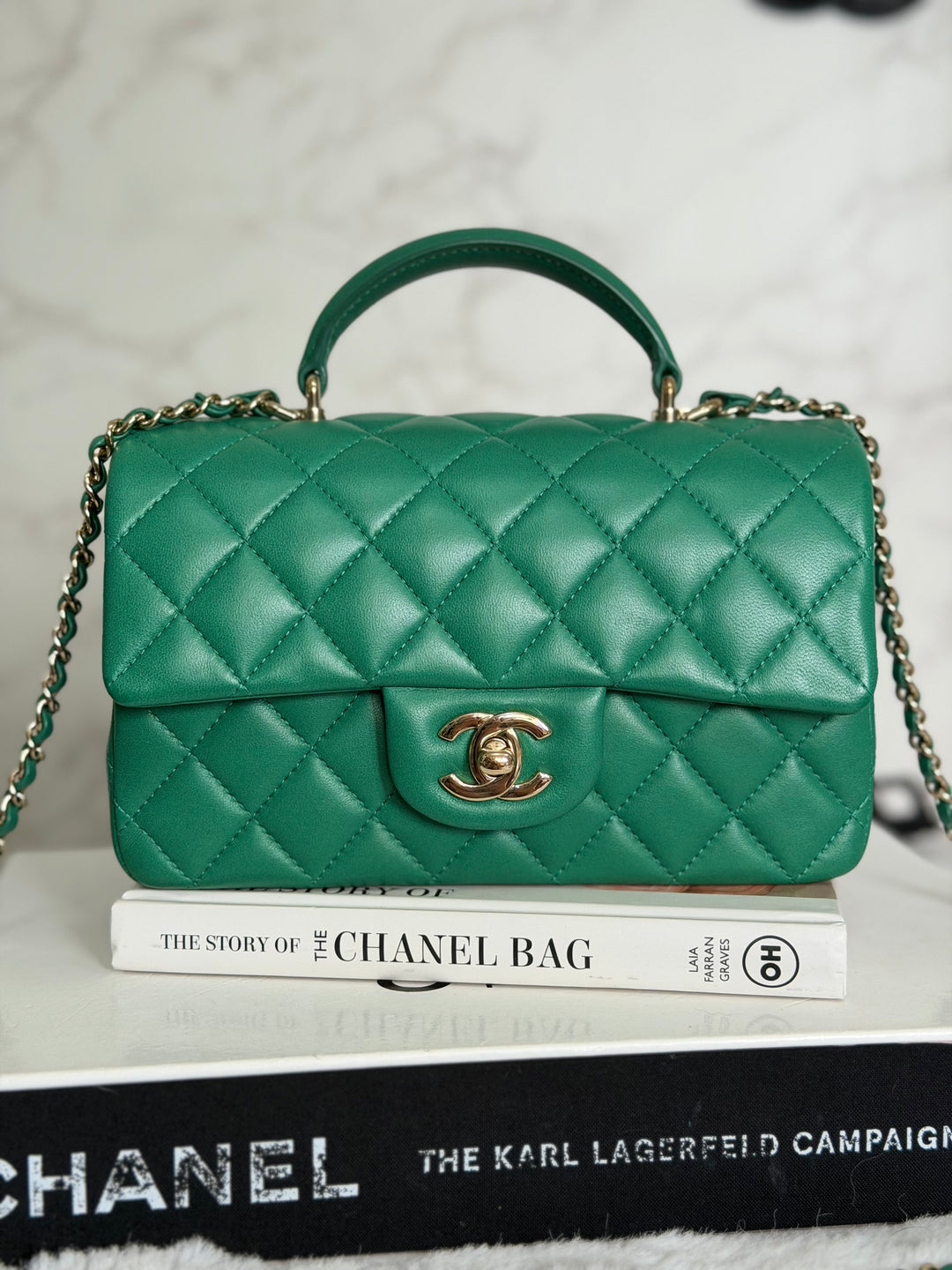 CHANEL Green Lambskin LGHW Mini Rectangular Flap Bag with Top Handle 2022 22A collection