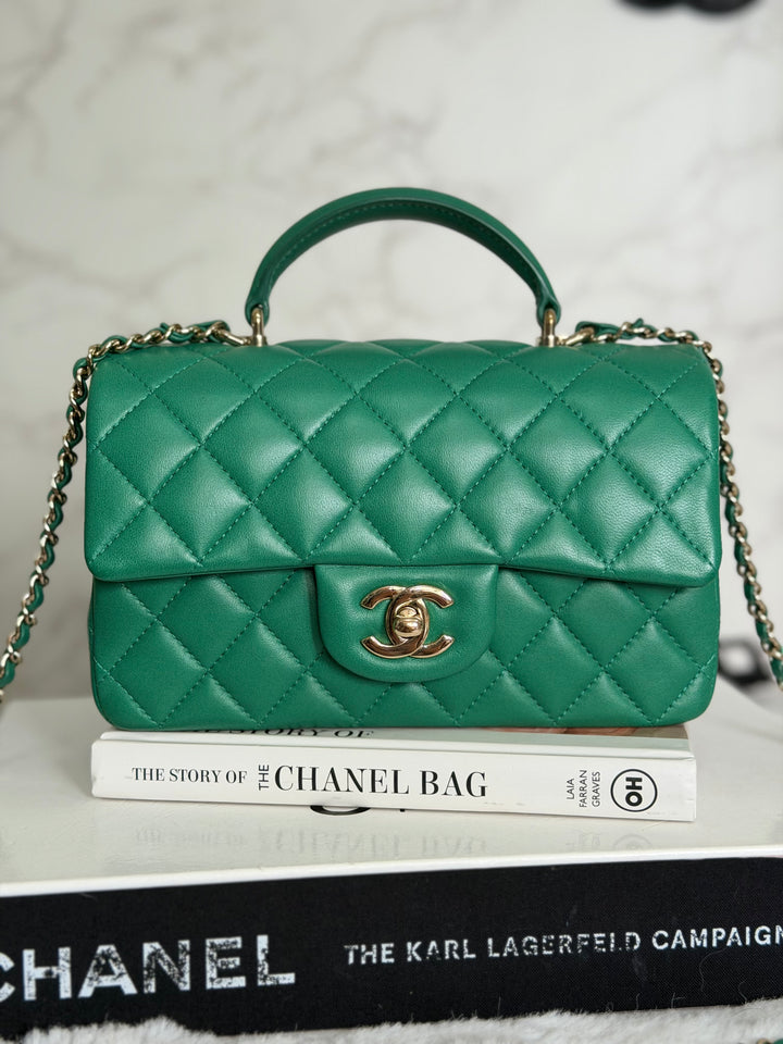 CHANEL Green Lambskin LGHW Mini Rectangular Flap Bag with Top Handle 2022 22A collection