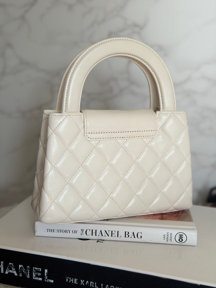 CHANEL White Calf skin Aged GHW Kelly Shopping Bag Size Small 2026