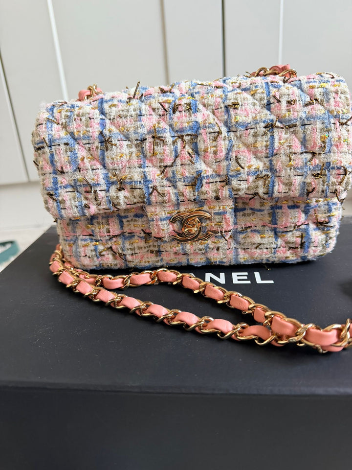 CHANEL Series 27 Pink Blue Green Ecru Gold Tweed Mini Flap Bag LGHW 2018