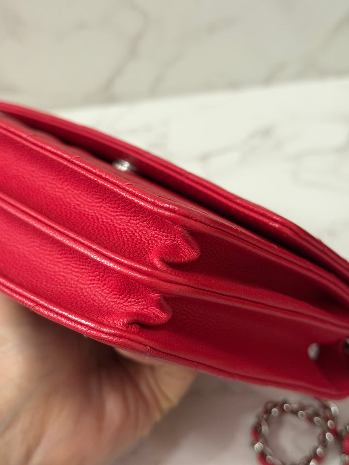 CHANEL series 25 2018 Dark pink chevron caviar SHW Square Wallet On Chain (WOC)