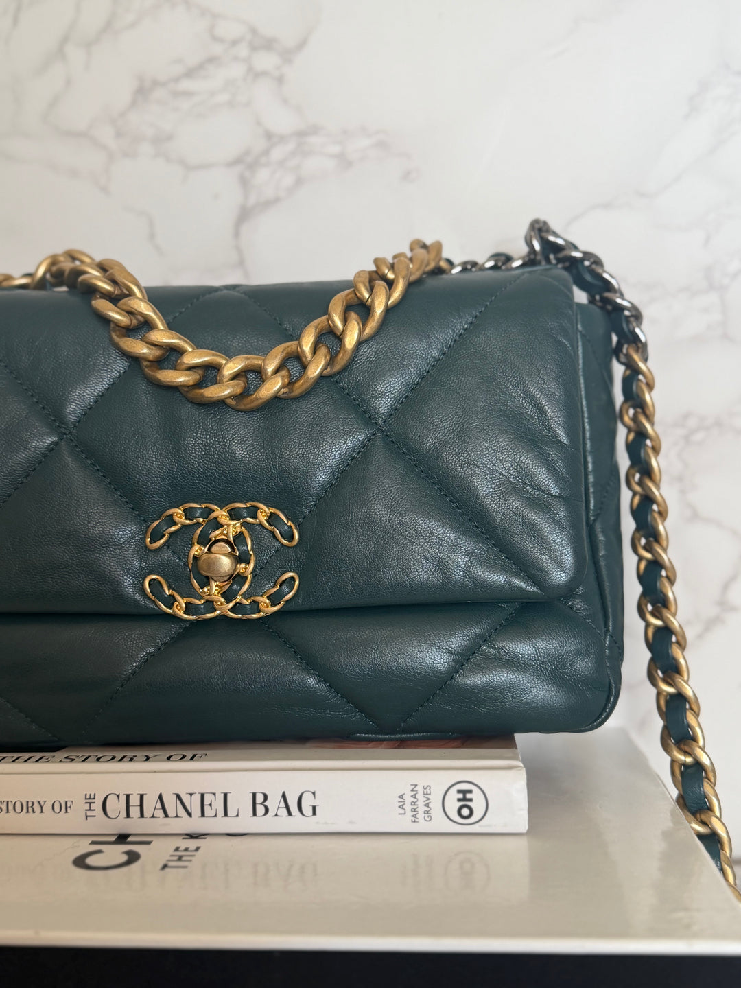 CHANEL 19 size SMALL in 20B Teal Dark Green Goat skin mixed hardware 2020