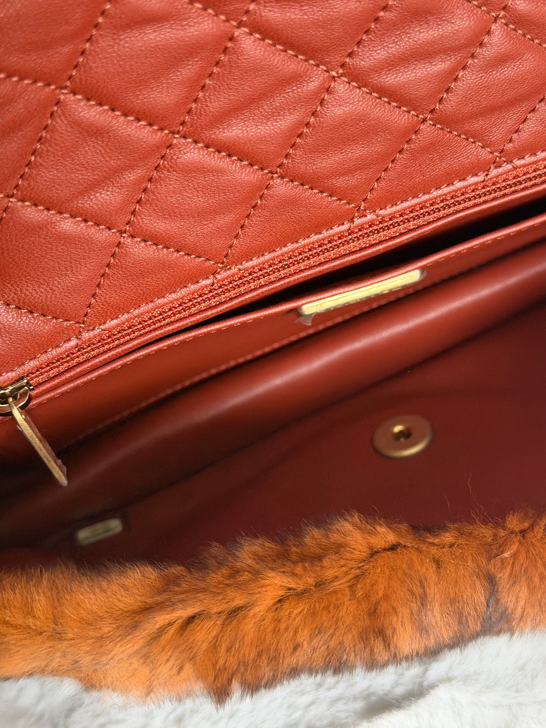 CHANEL series 28 Orylag Red Orange Navy Fur Flap Bag with GHW Medium Single Flap Bag 2018