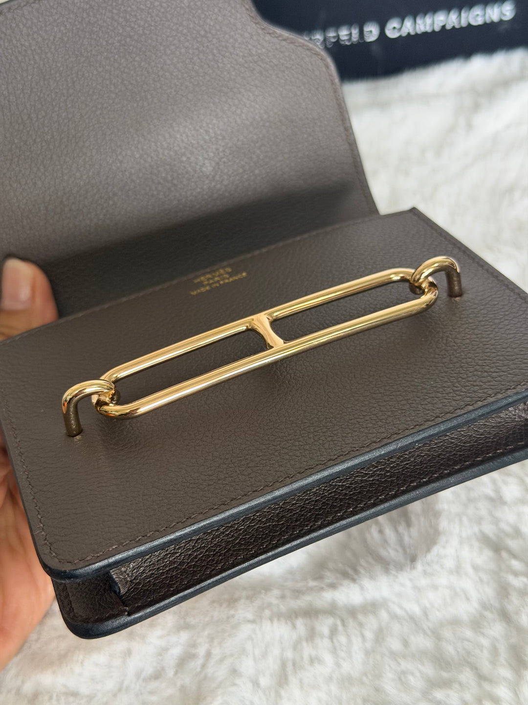HERMÈS Mini Roulis Slim Wallet in Ecorce outer and Etoupe inner Evercolor leather GHW