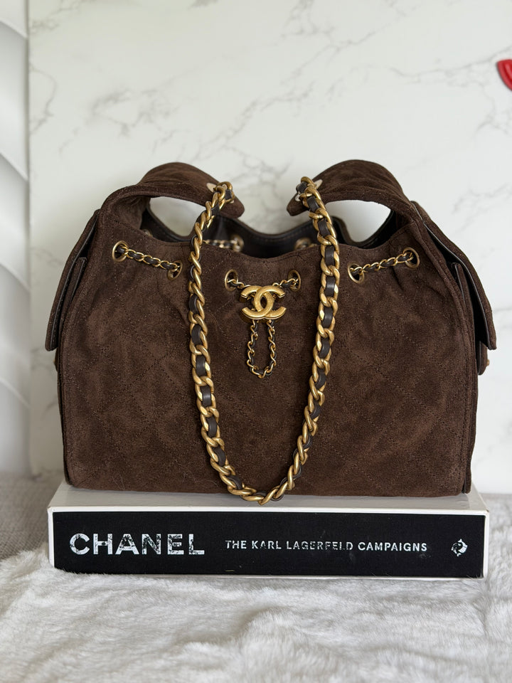 CHANEL 25K Dark Chocolate Brown Suede Aged GHW 25 Hobo Bag size SMALL 2025