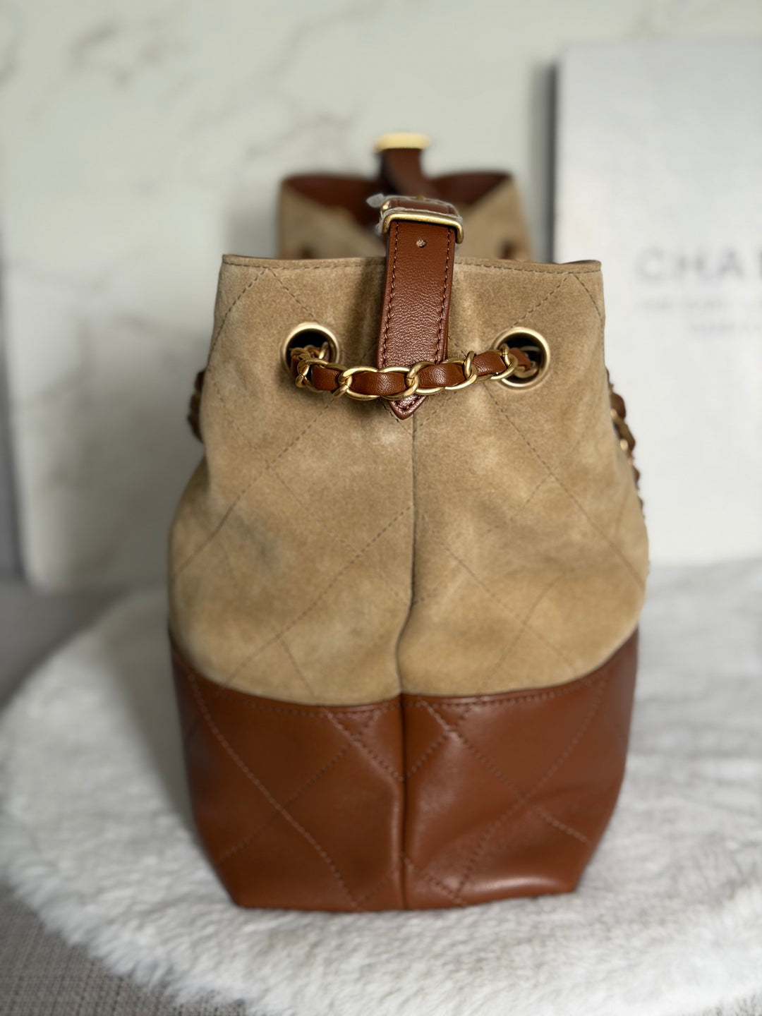 CHANEL 26S Beige Suede and Brown Leather Shopping Tote Bag 2026 size Small