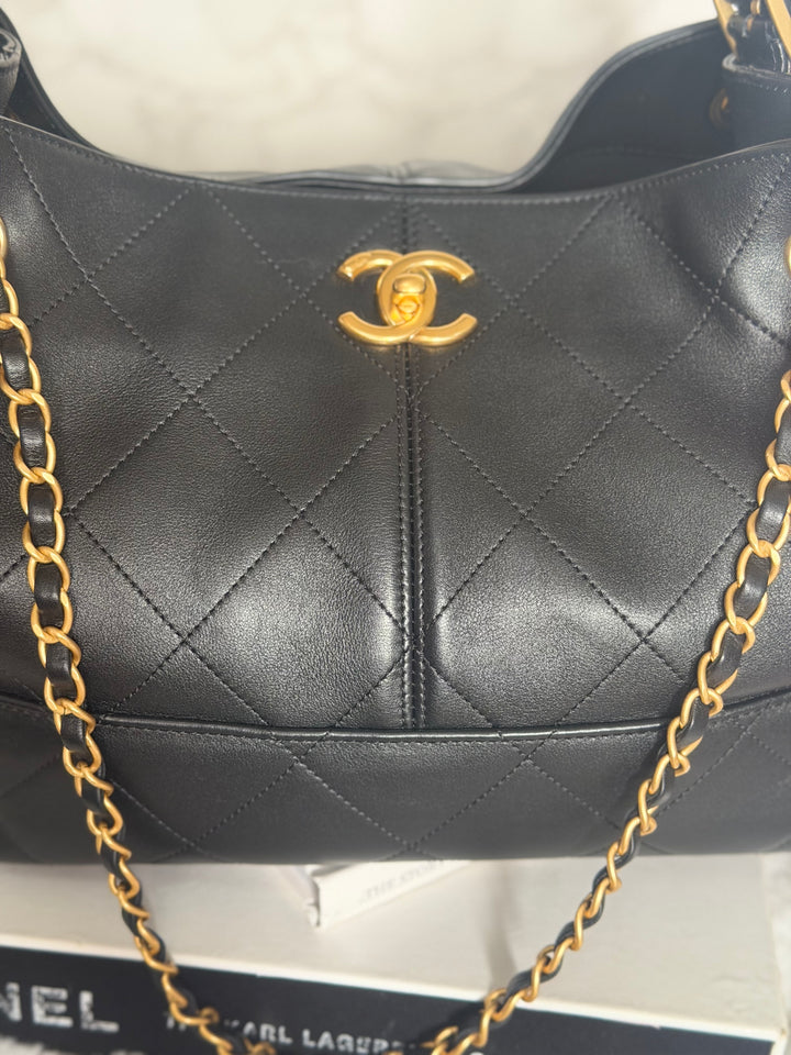 CHANEL 25A Black Calf Skin aged GHW Hobo Shopping Bag size Small 2025