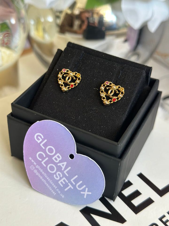 Chanel 21A Heart Multi coloured gems Gold tone earrings