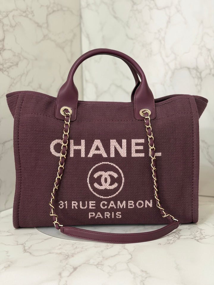 Chanel 24B Collection 2024 Burgundy Tweed Deauville Tote with Leather top handle size small and Detachable pouch