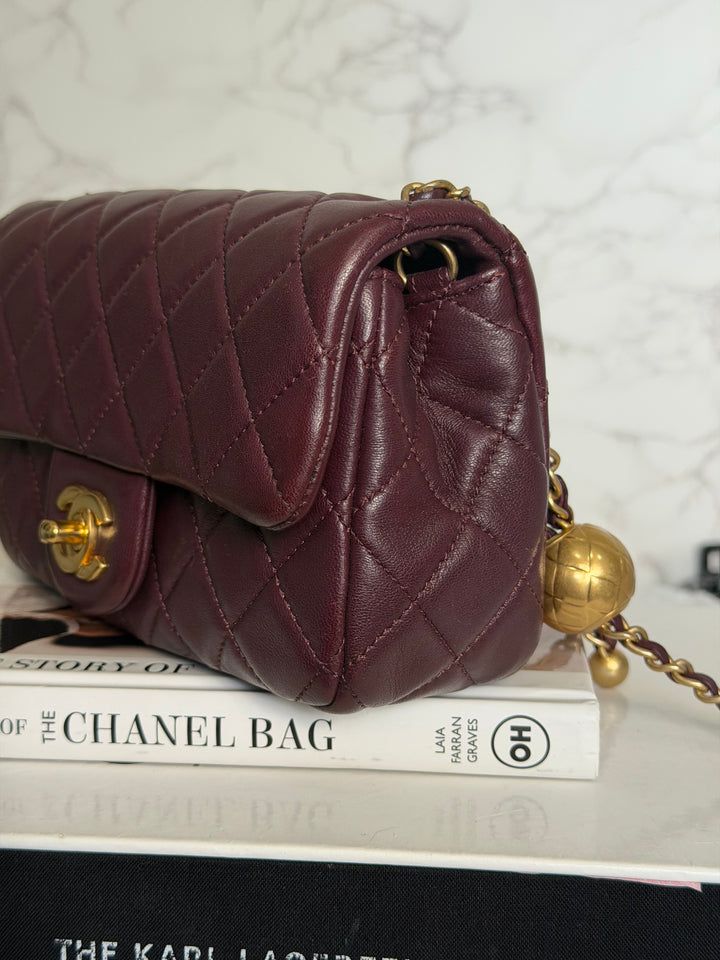 CHANEL 21B Burgundy Lambskin Aged GHW Pearl Crush Mini Rectangular Flap Bag 2021