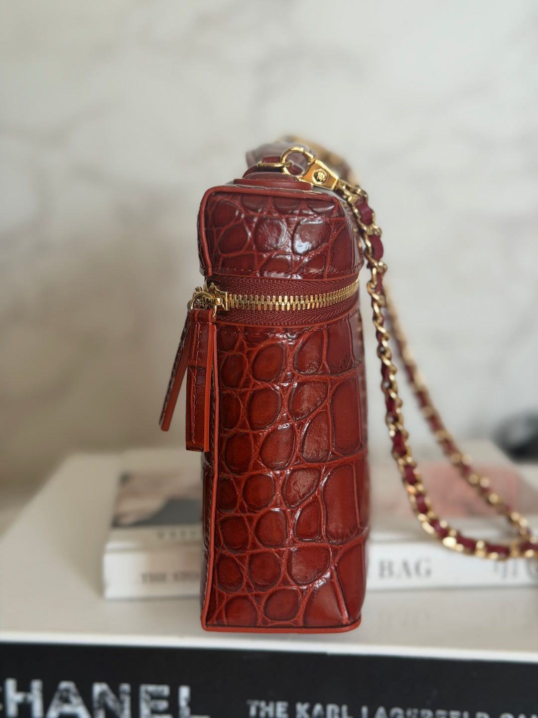 CHANEL 26B Croc Embossed Burgundy Calf Skin LP Long Vanity size Medium 23 cms 2026 Matthieu Blazy