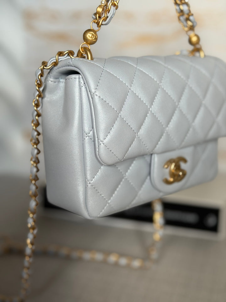 CHANEL Pearl Twist Pearly Light Blue Lambskin Mini Flap Bag 2023