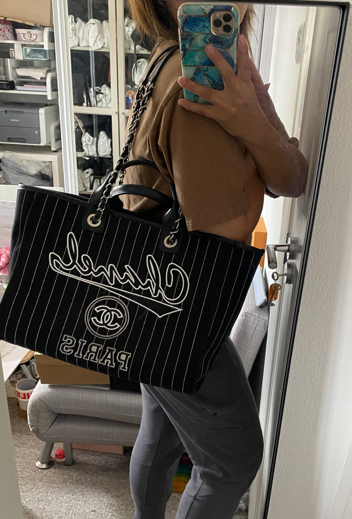 Chanel 23P 2023 collection in Black/White Stripe Canvas Deauville Tote with Top Handle and detachable pouch size Medium (15 inches)