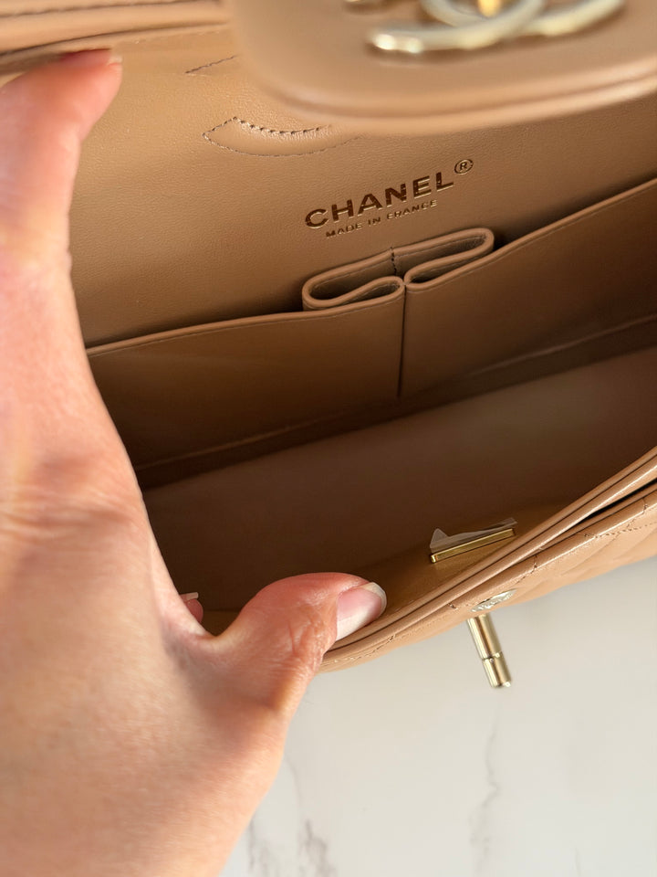 CHANEL 22K 2022 Dark Beige Lambskin LGHW Medium ML Timeless Classic Double Flap Bag
