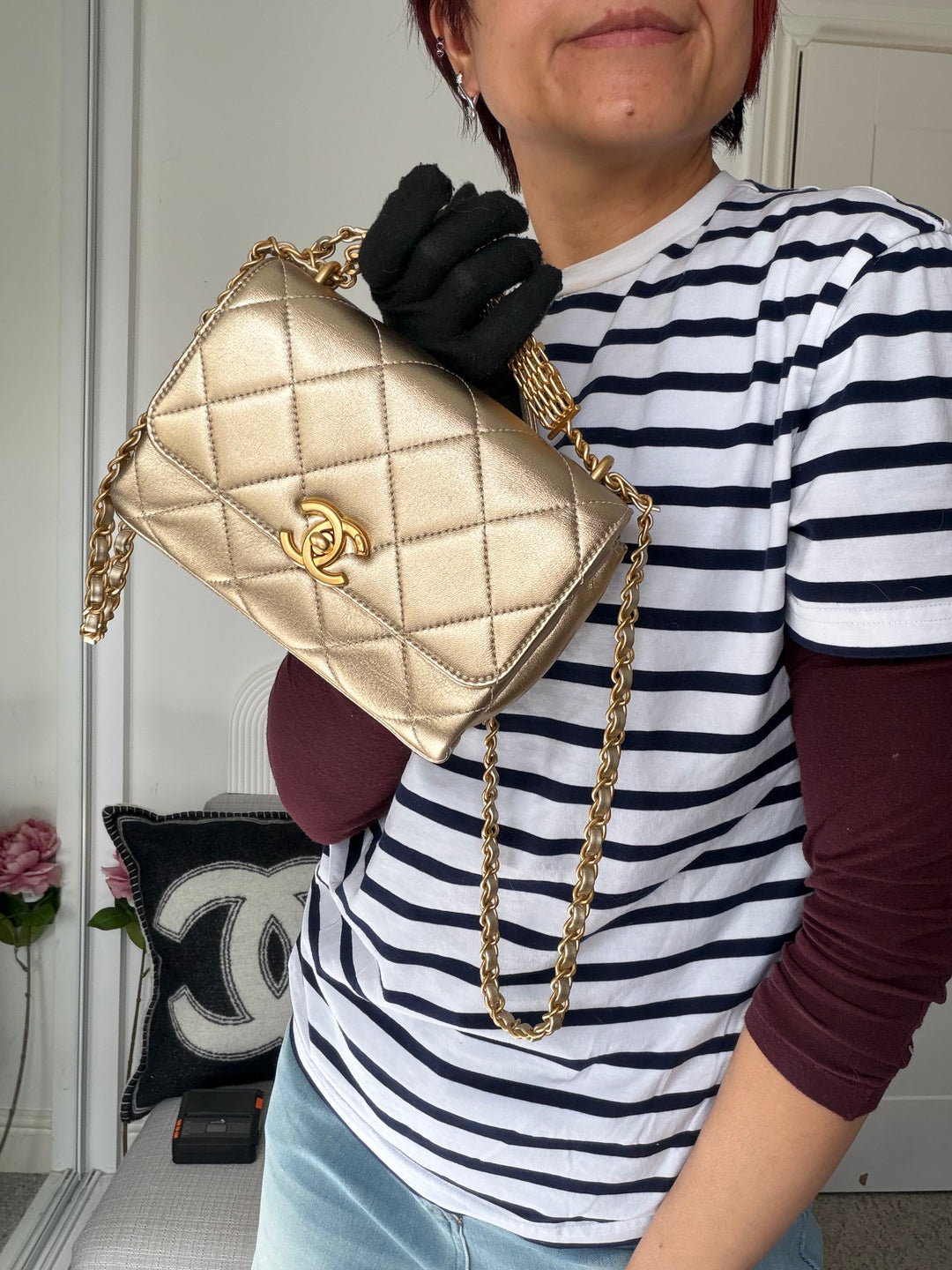 CHANEL Gold Metallic Lambskin CC Crystal Logo Chain Flap Bag 2022