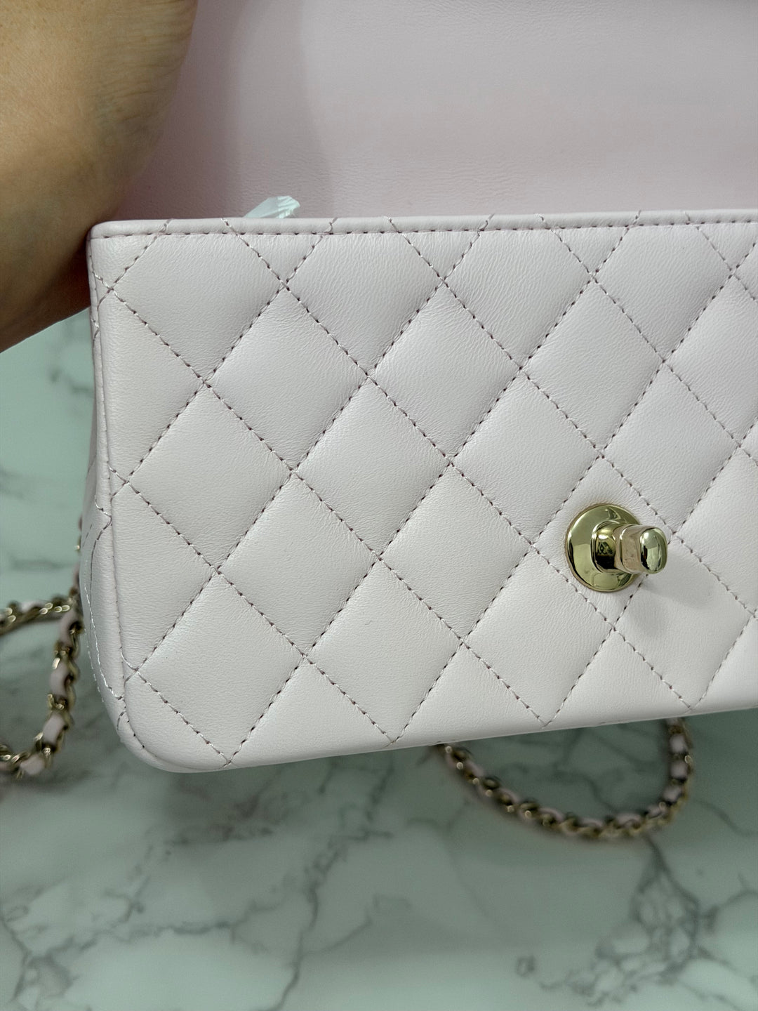 CHANEL 22P 2022 Sakura Light Pink Lambskin LGHW Mini Rectangular Flap Bag with Top Handle