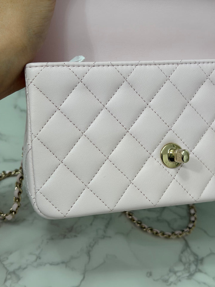 CHANEL 22P 2022 Sakura Light Pink Lambskin LGHW Mini Rectangular Flap Bag with Top Handle