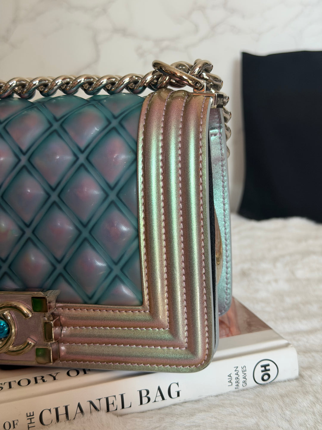 CHANEL 18S Iridescent Patent Calf Skin Purple Blue Mermaid Le Boy Flap Bag size Small