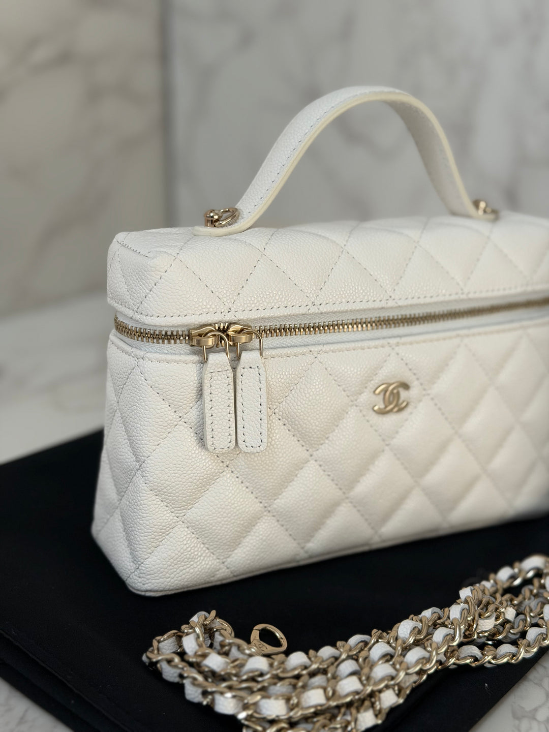 CHANEL 26C White Caviar LGHW Long Vanity with Detachable Chain